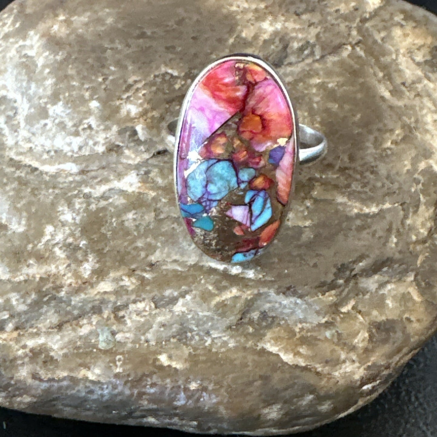 Blue Turquoise Spiny Oyster Southwestern Sterling Silver Ring Size 11 18451