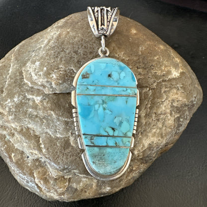 Navajo B E Inlay 925 Sterling Silver Turquoise Pendant Cobblestone 2.5" 19399