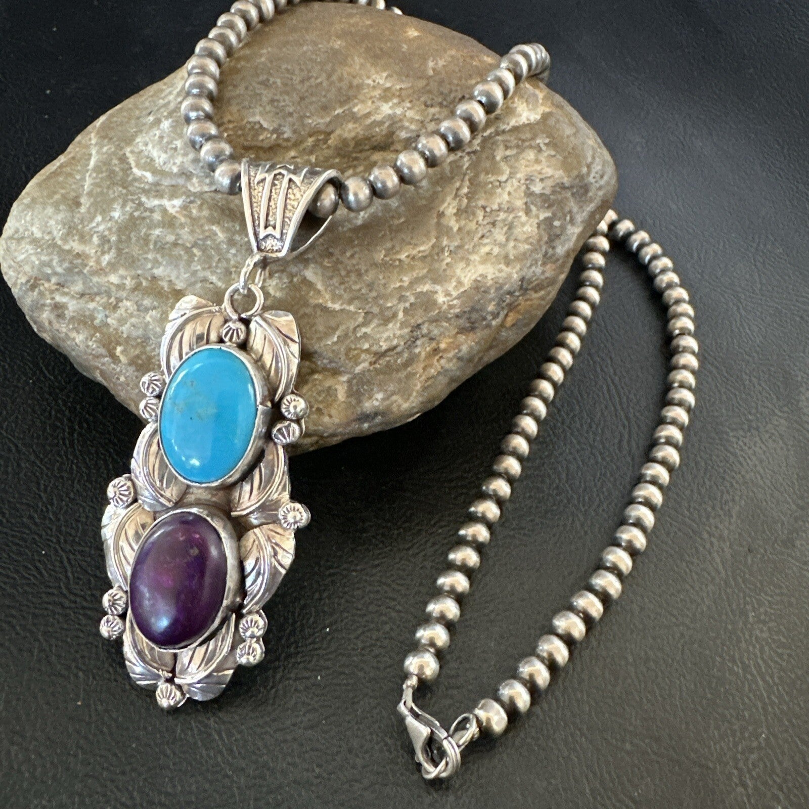 Blue Kingman Turquoise  Purple Stone Pendant Navajo Sterling Silver 18037