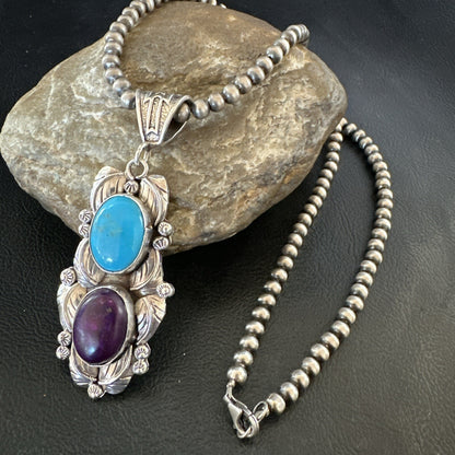 Blue Kingman Turquoise  Purple Stone Pendant Navajo Sterling Silver 18037