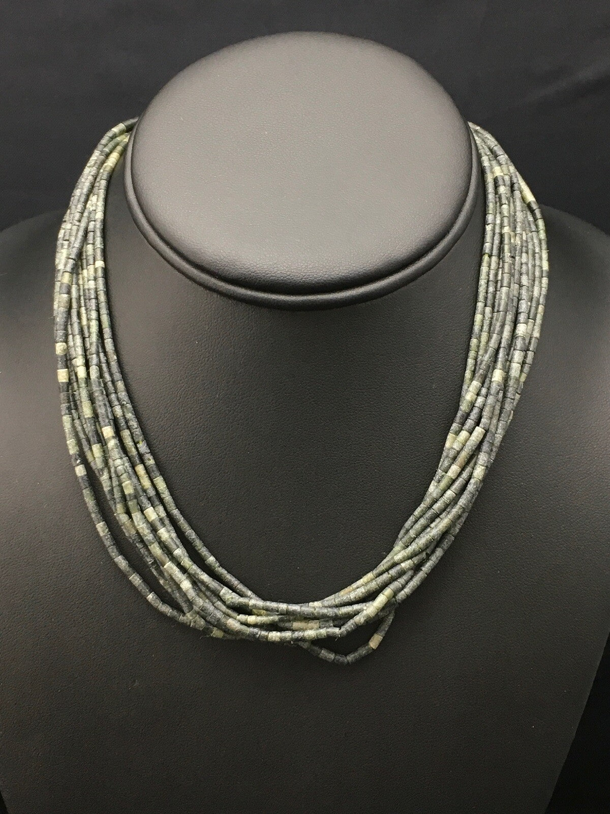 Southwestern Green Agate Heishi 10 Strand Sterling Silver Necklace 16" 04351