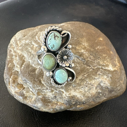 Blue Green Turquoise Navajo Sterling Silver Cluster Ring Size 8.5 19079