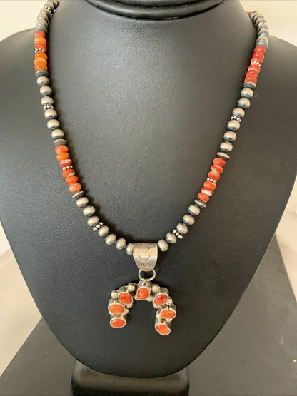 Spiny Oyster Cluster Naja Pendant Navajo Pearls Sterling Silver Necklace 00283