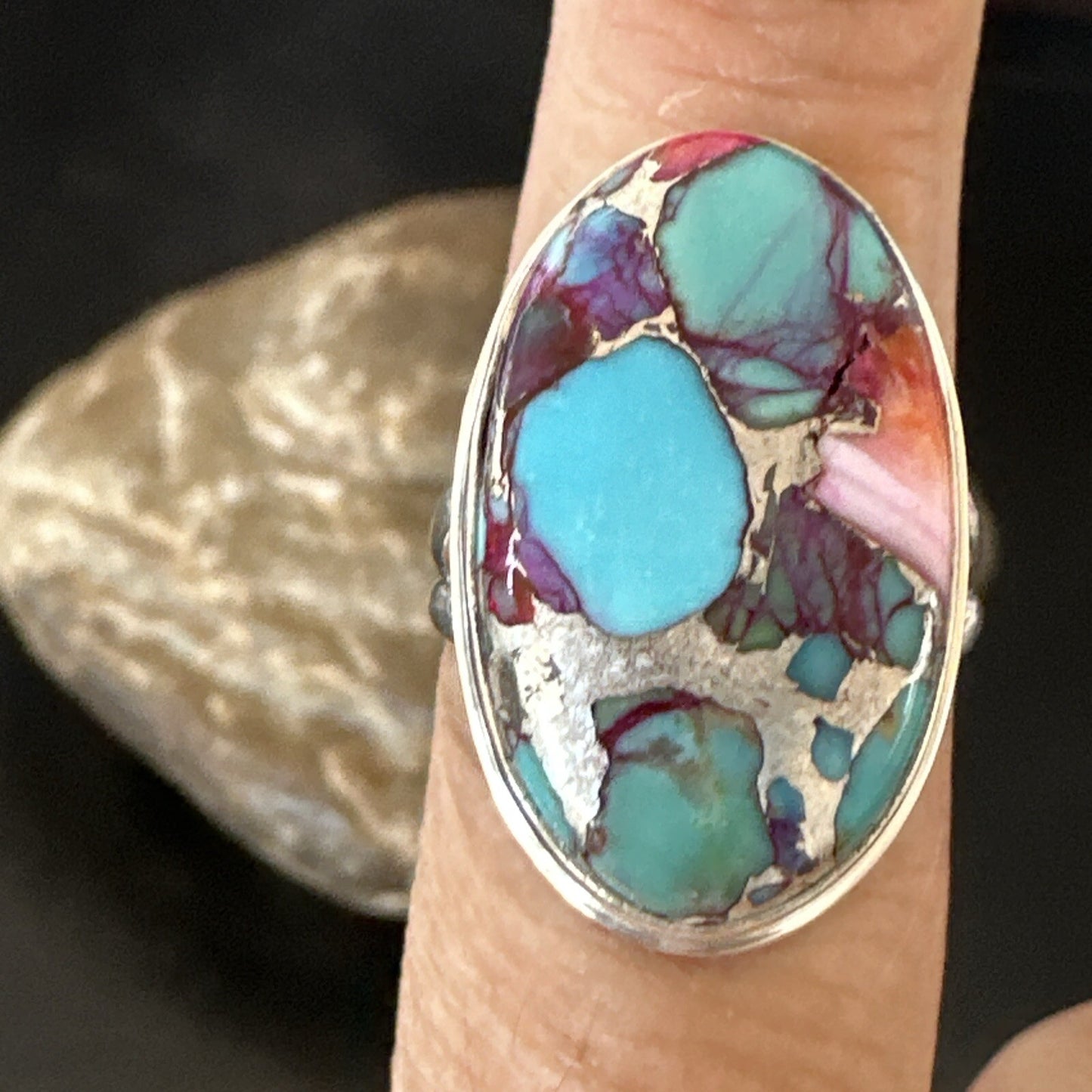 Blue Turquoise Spiny Oyster Navajo Sterling Silver Ring Size 7 18253