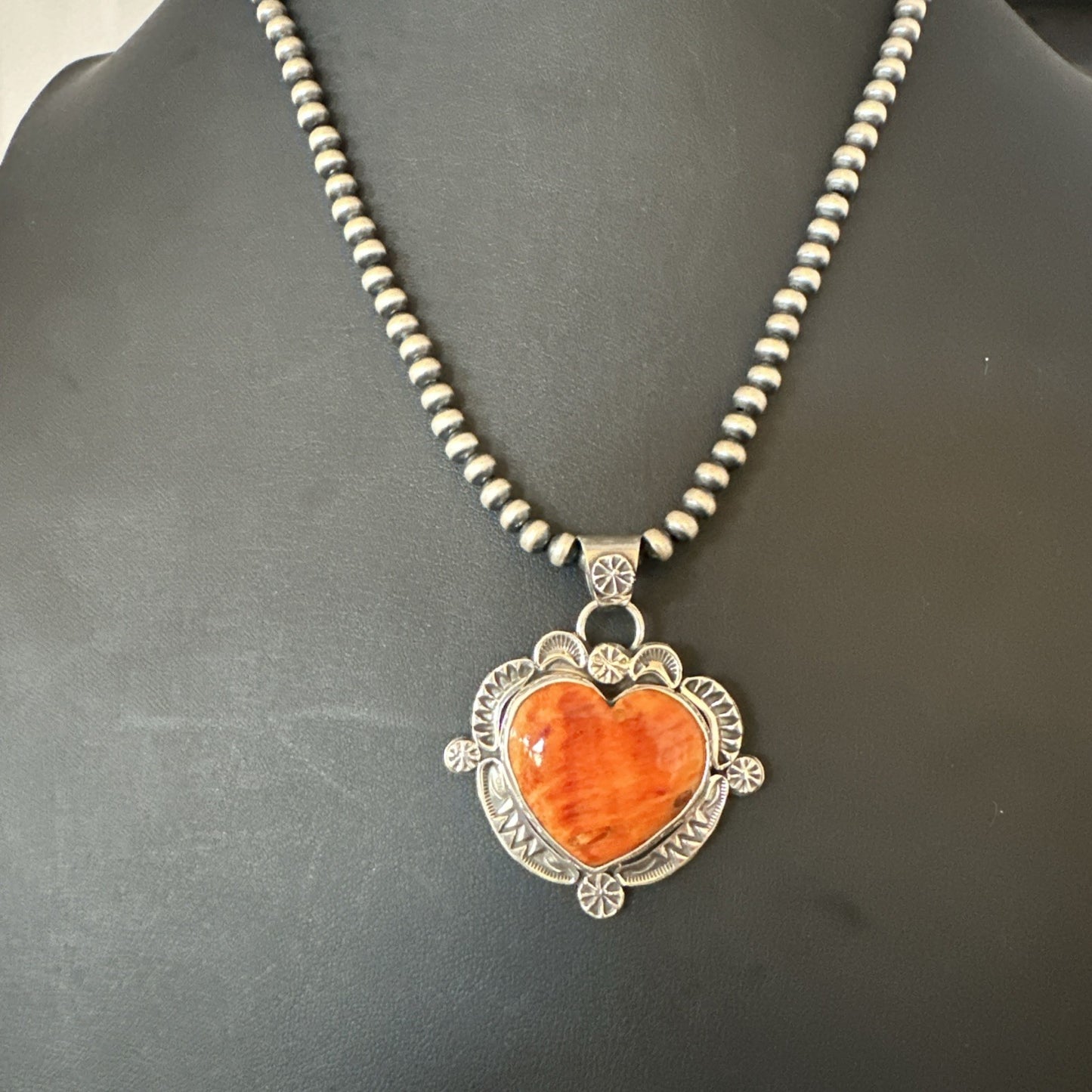 H Joe Orange Spiny Oyster Heart Pendant Navajo Sterling Silver Necklace 19482