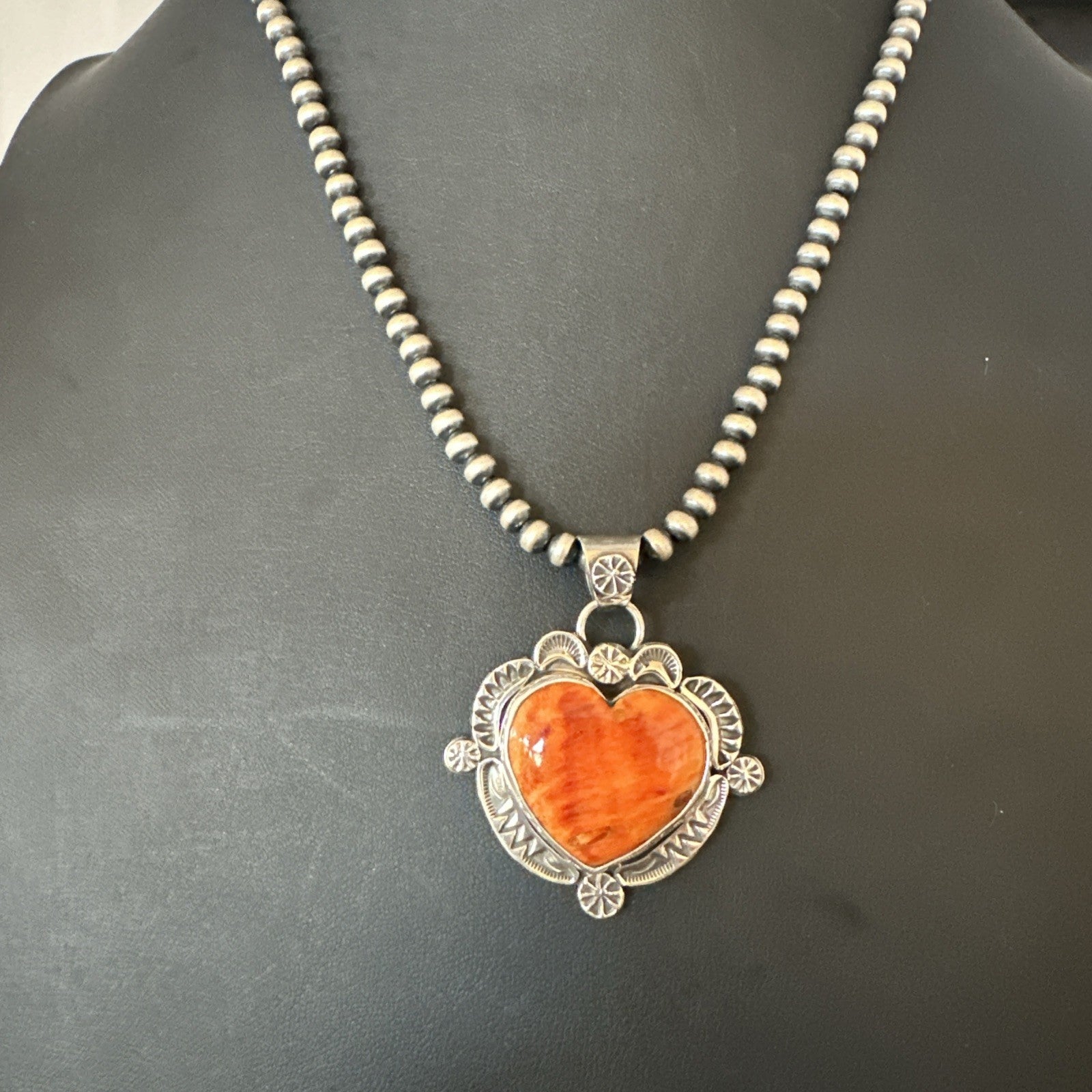 H Joe Orange Spiny Oyster Heart Pendant Navajo Sterling Silver Necklace 19482