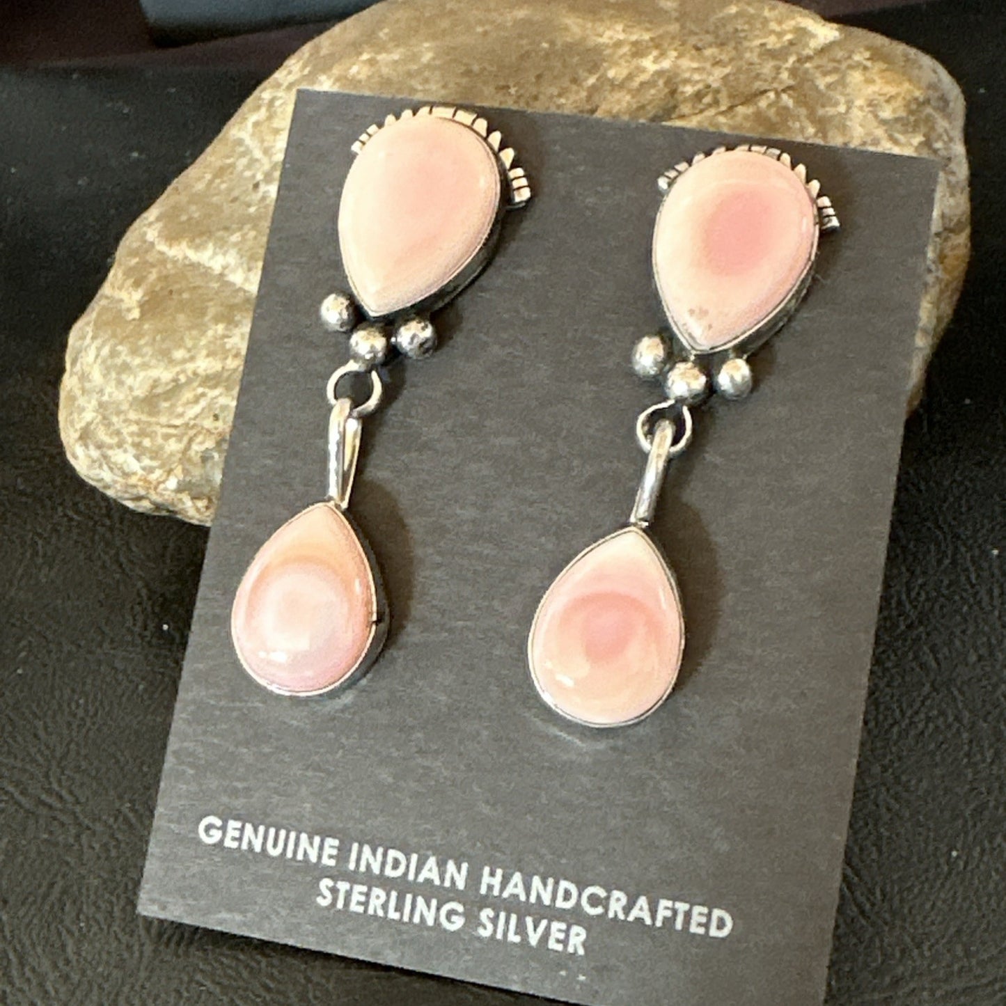 Yazzie Pink Queen Conch Navajo Sterling Silver Post Dangle Earrings 19796