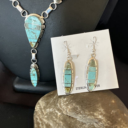 Inlay Blue Turquoise#8 Navajo Sterling Silver Lariat Necklace Earrings 24” 17770