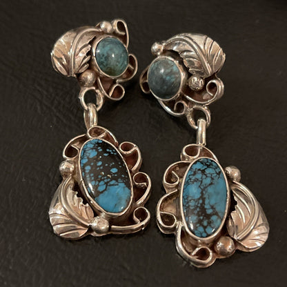 Spiderweb Turquoise Navajo Sterling Silver Post Dangle Earrings 02026