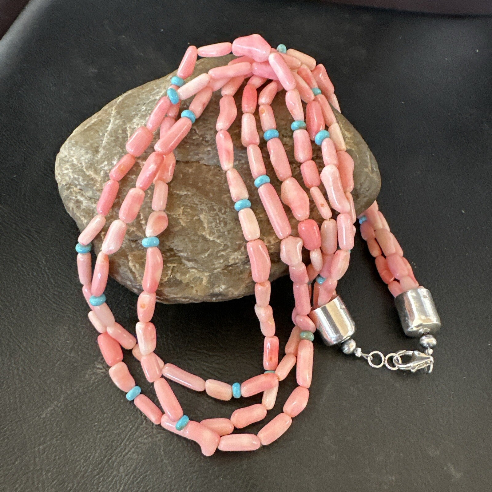 Native American Turquoise Pink Coral Sterling Silver 3 Strand Necklace 21" 17815