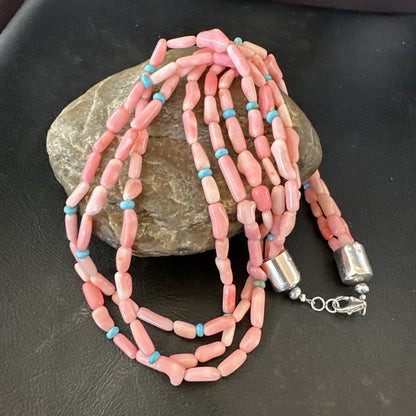 Native American Turquoise Pink Coral Sterling Silver 3 Strand Necklace 21" 17815