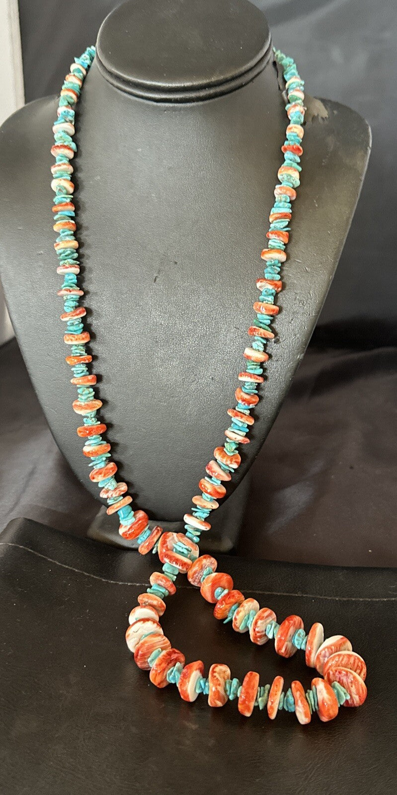 XL Red Spiny Oyster Blue Turquoise Navajo Sterling Silver Necklace 35" 18266