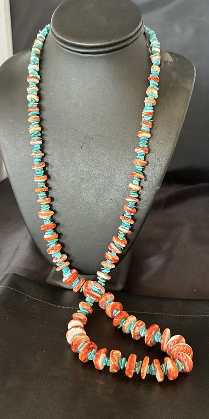 XL Red Spiny Oyster Blue Turquoise Navajo Sterling Silver Necklace 35" 18266
