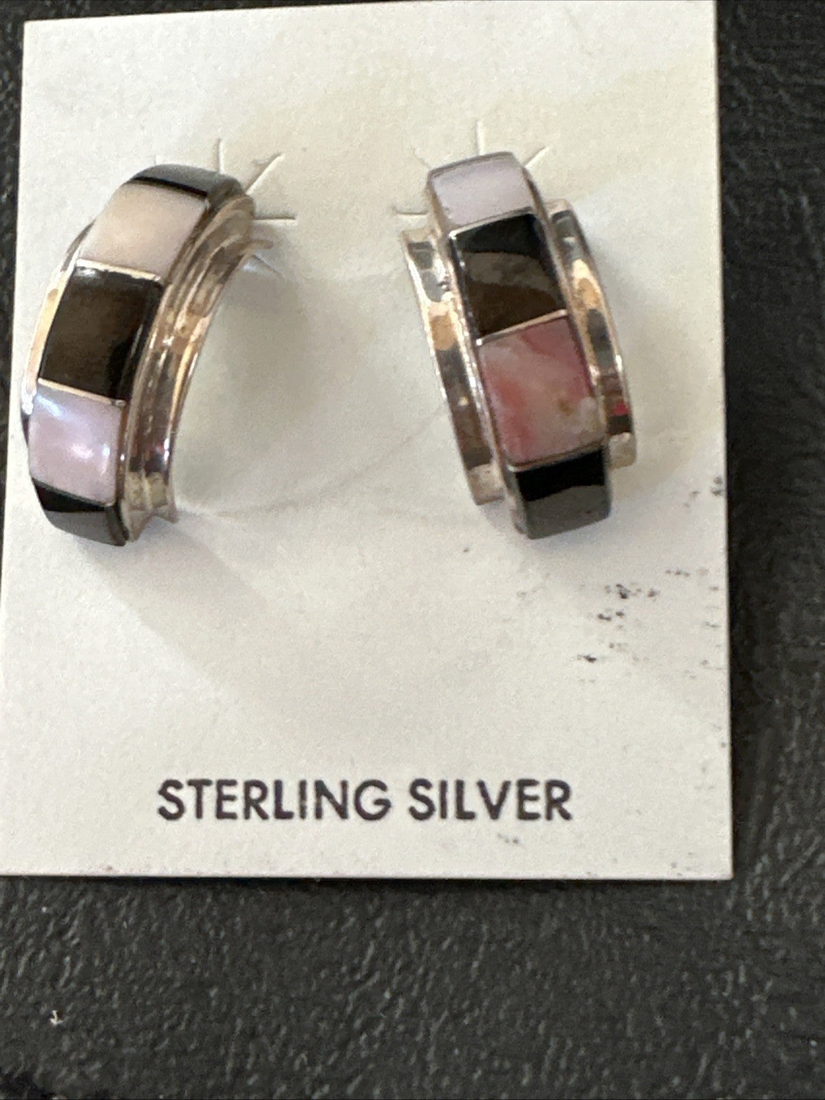 Pink Queen Conch Black Onyx Sterling Silver Post  Inlay Hoop Earrings 19819