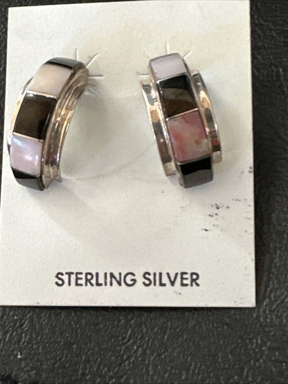 Pink Queen Conch Black Onyx Sterling Silver Post  Inlay Hoop Earrings 19819