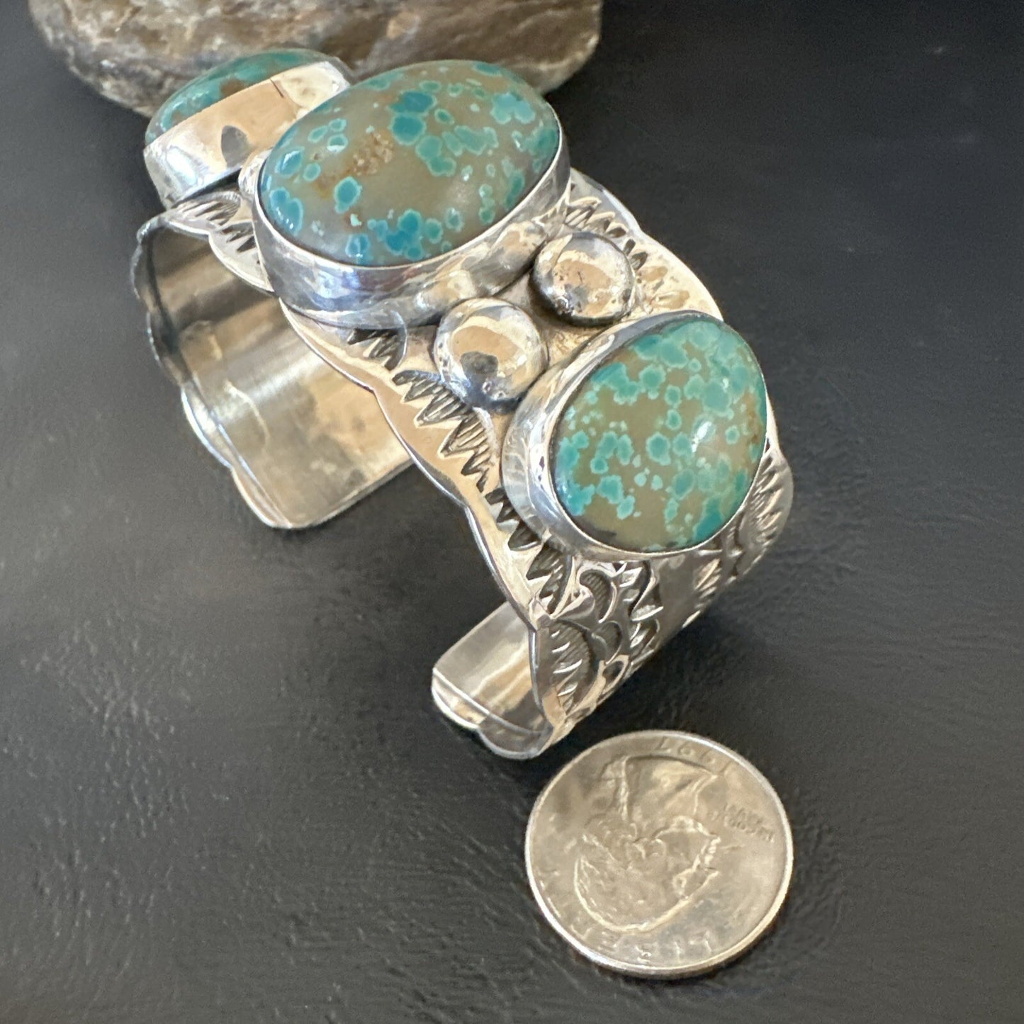Navajo Green Royston TURQUOISE Stamped Sterling Silver Cuff Bracelet 17943