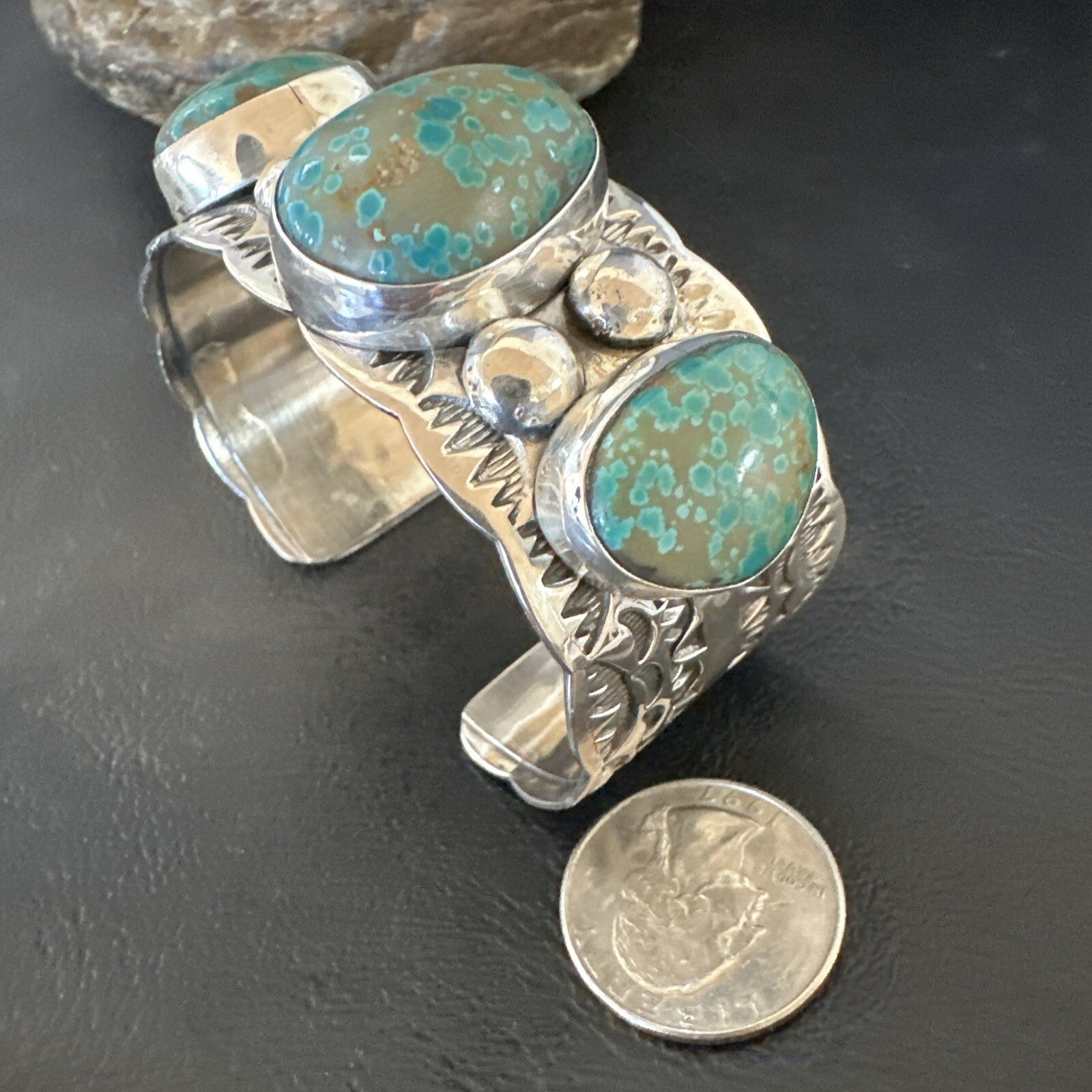 Navajo Green Royston TURQUOISE Stamped Sterling Silver Cuff Bracelet 17943