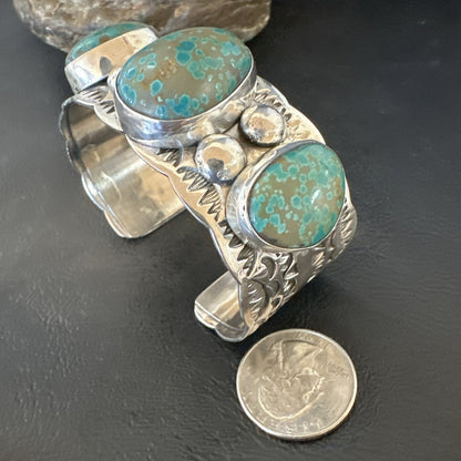 Navajo Green Royston TURQUOISE Stamped Sterling Silver Cuff Bracelet 17943
