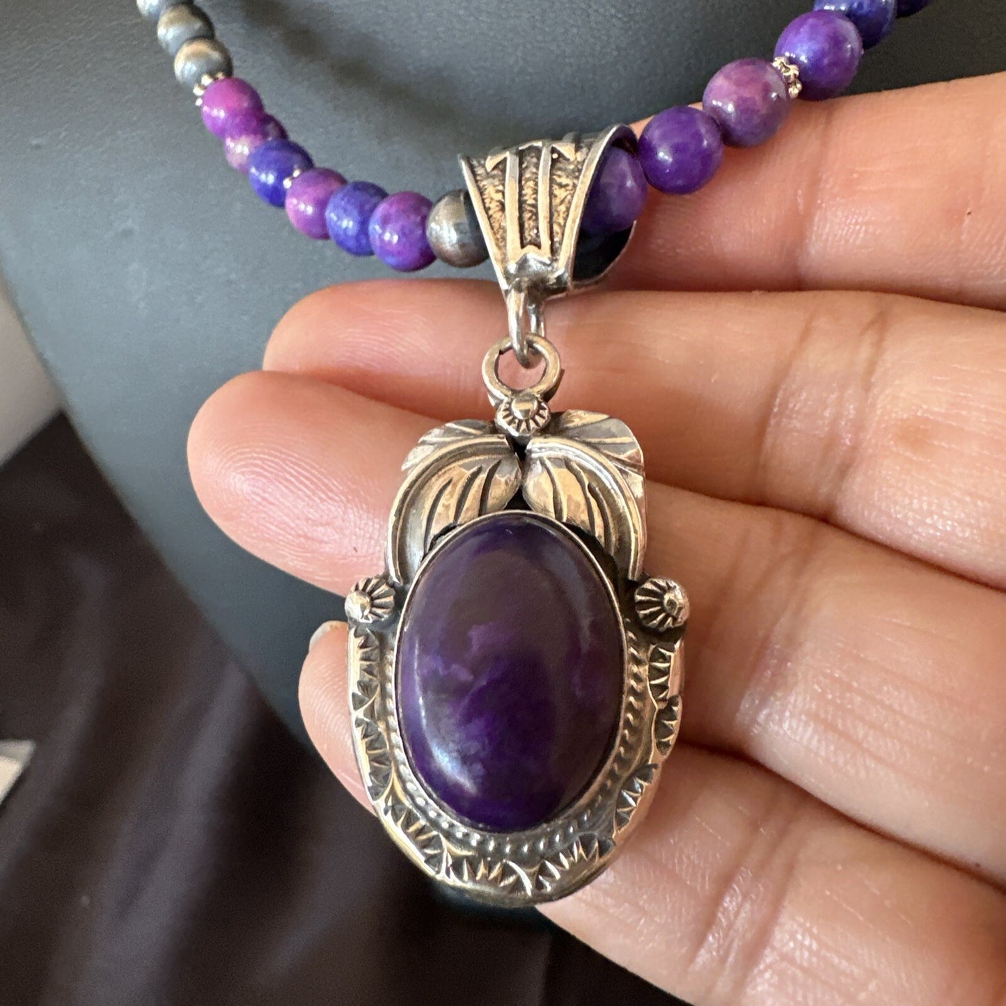Purple Stone Pendant Navajo Sterling Silver Beads Necklace 18390