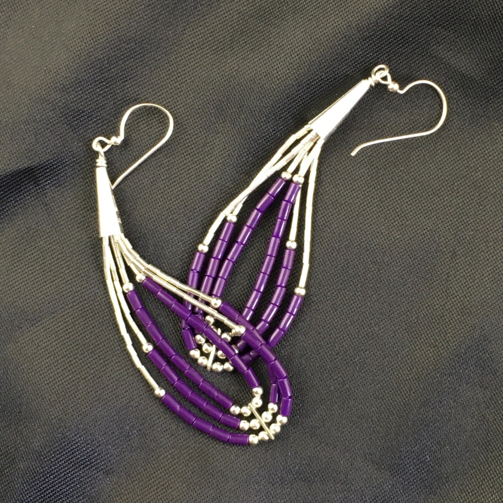 Purple Stone 3 Strands Heishi Liquid Sterling Silver Dangle Earrings 1989