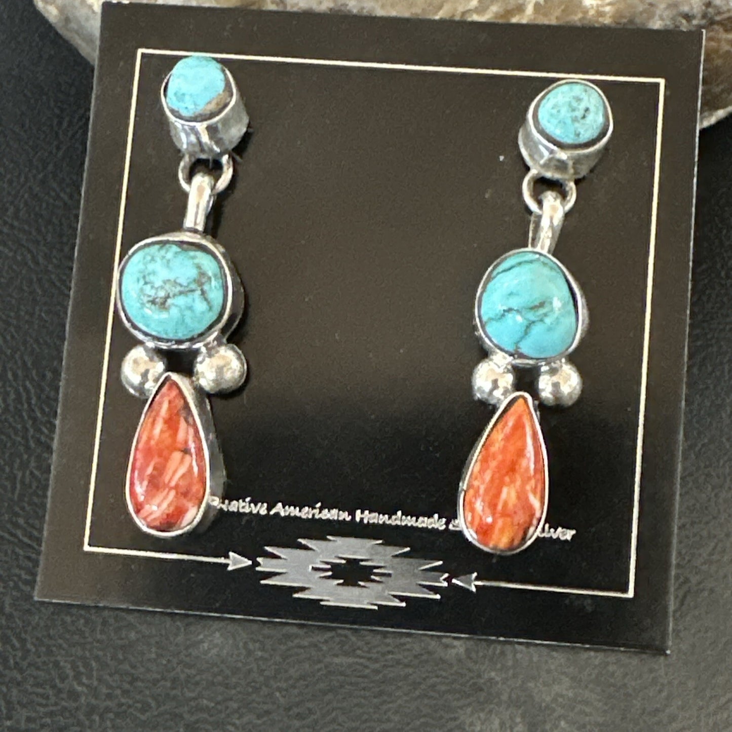 Blue Turquoise Red Spiny MultiColor Navajo Sterling Silver Inlay Earrings 18354