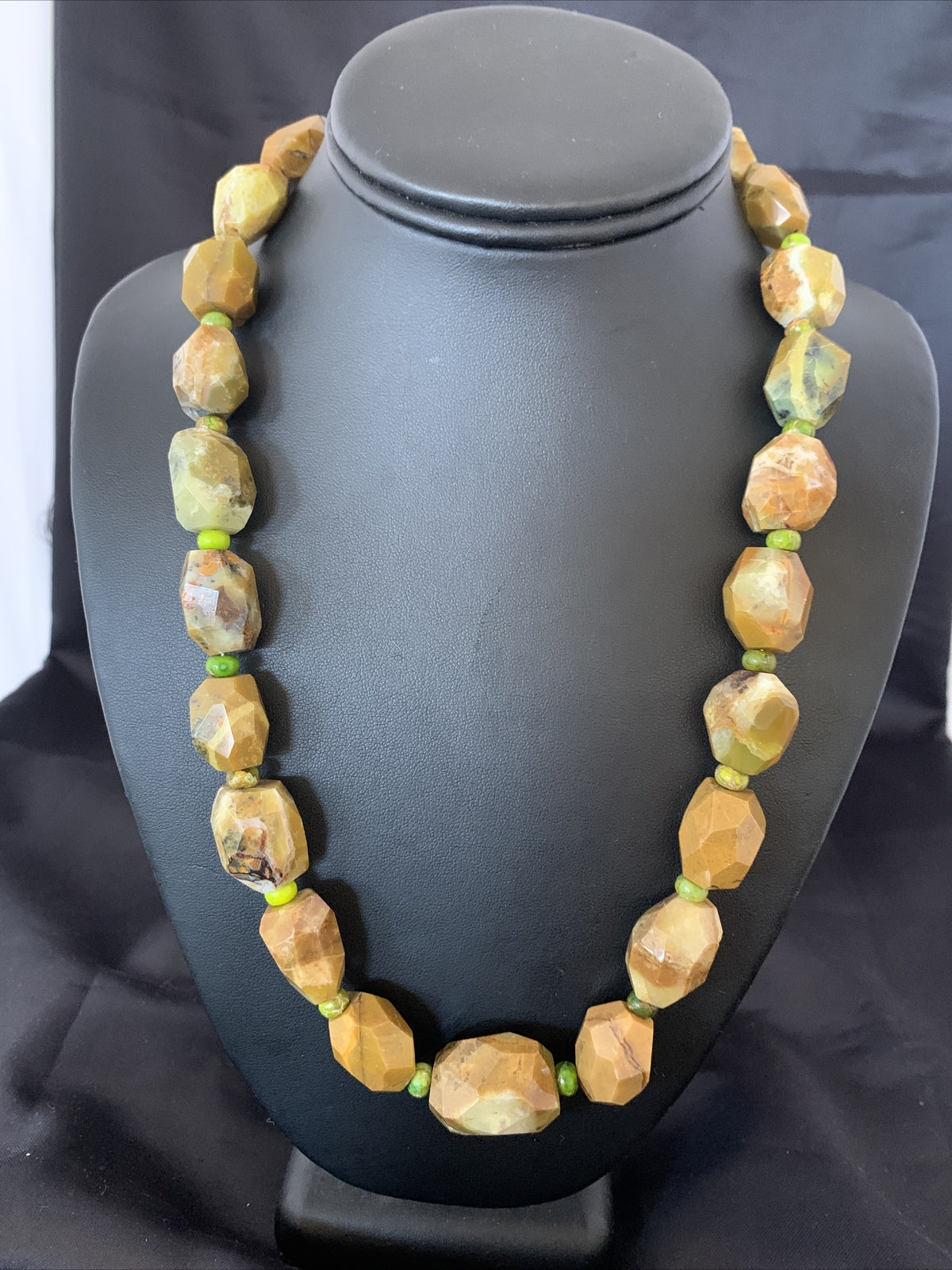 Green Nugget Turquoise Faceted Navajo Sterling Silver Necklace 21" 01494