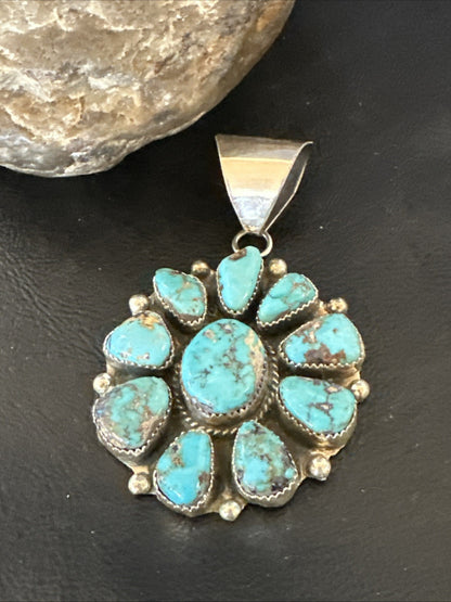 New Cluster  Blue Turquoise Navajo Sterling Silver Pendant 2.75” 19118