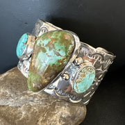 Navajo Green Royston TURQUOISE Stamped Cuff Bracelet | Sterling Silver | Authentic Native American Handmade | 17938