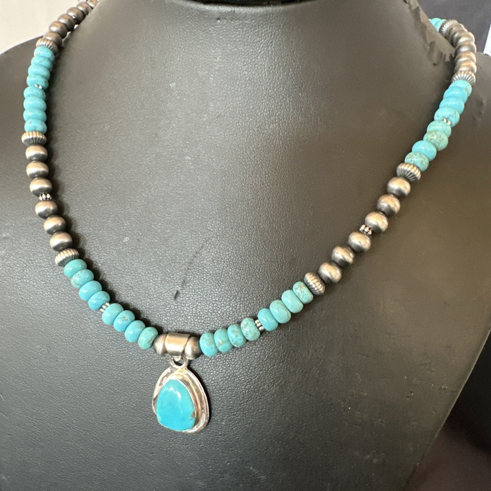 Mens Blue Kingman Turquoise Pendant Navajo Sterling Silver Necklace 21" 18107