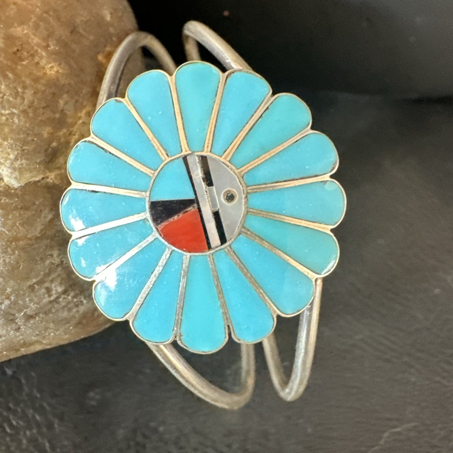 Old Pawn Sunface Turquoise Zuni Sterling Silver Onyx Bracelet 6.5” 19129