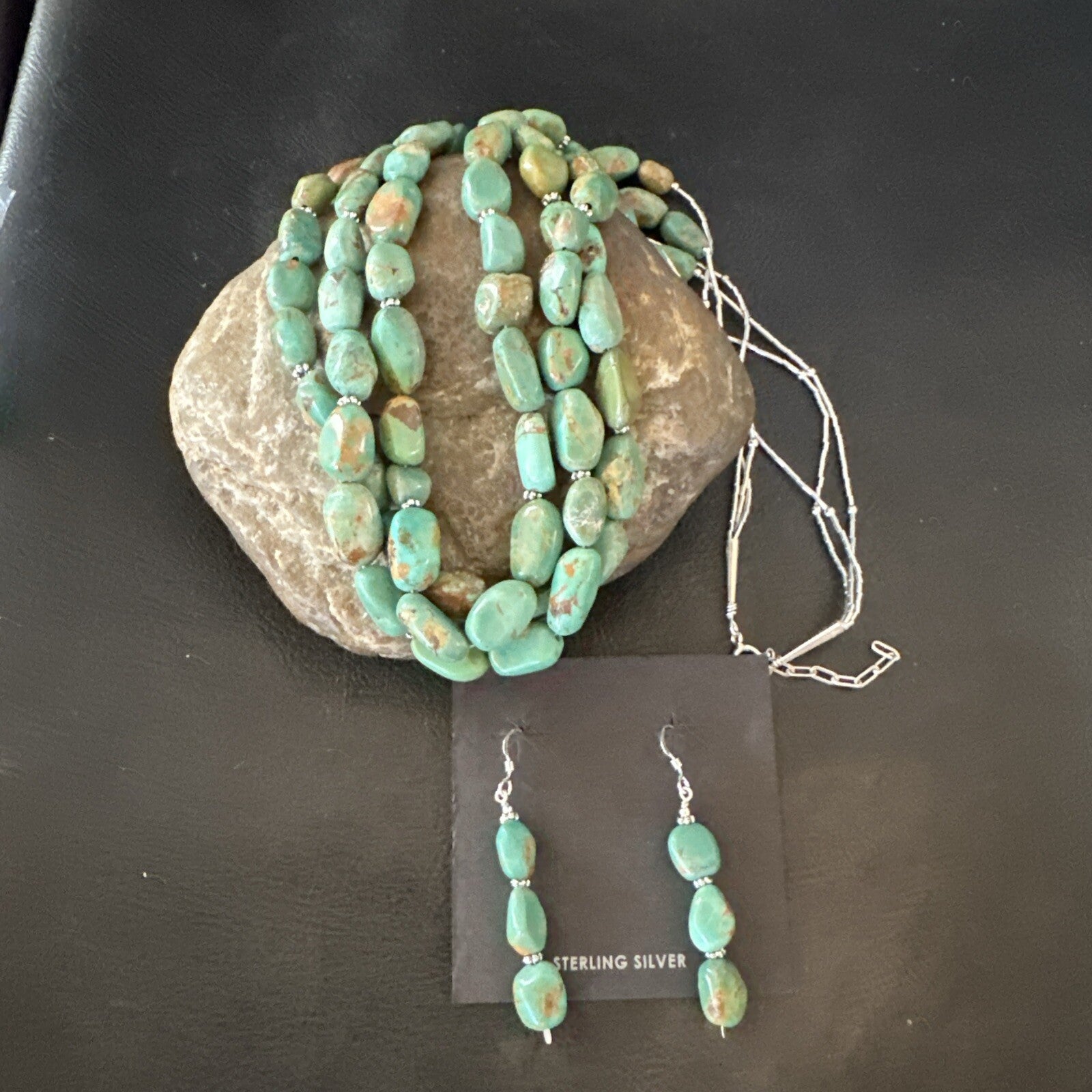Green Turquoise Heishi 3S Navajo Sterling Silver 22" Necklace Earrings 18568