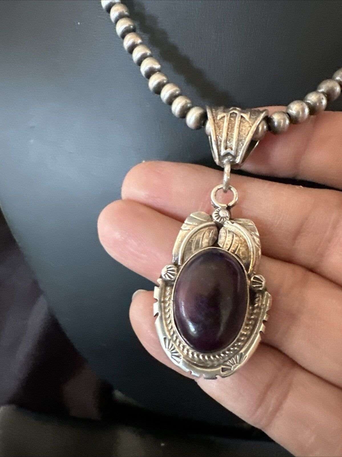 Purple Stone Pendant Navajo Pearls Sterling Silver Necklace 20” 18392