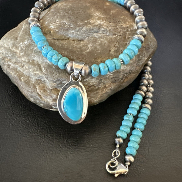 Women's Blue Kingman Turquoise Pendant Navajo Necklace 21" | Sterling Silver | Authentic Native American Handmade | 18416