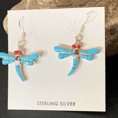 Dragonfly Blue Turquoise Coral MOP Inlay Sterling Silver Earrings 1" 13318