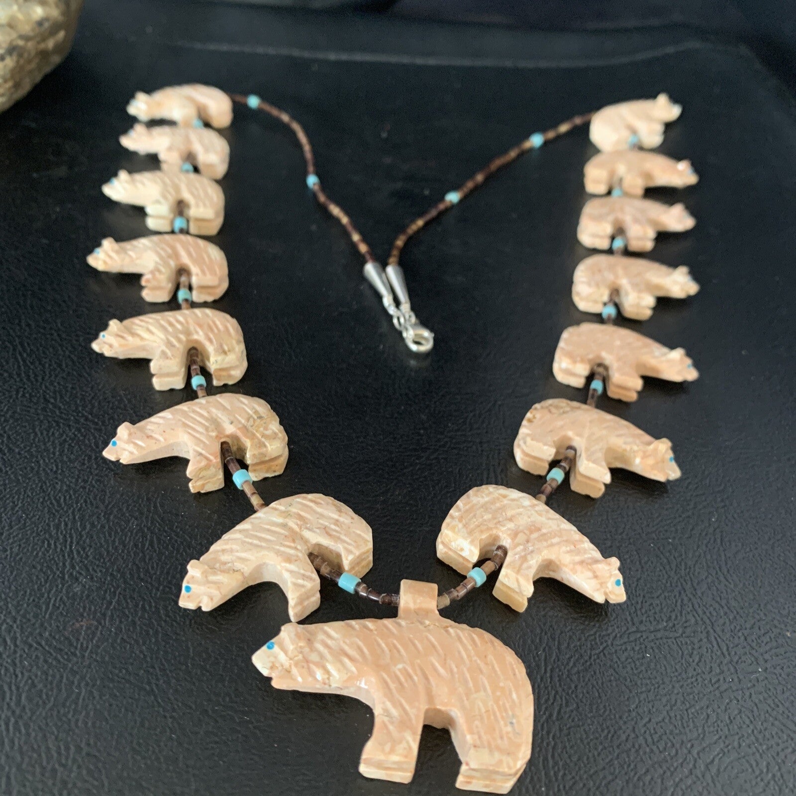 Bear Fetish Navajo Jasper Turquoise Sterling Silver Shell Necklace 28" 13419