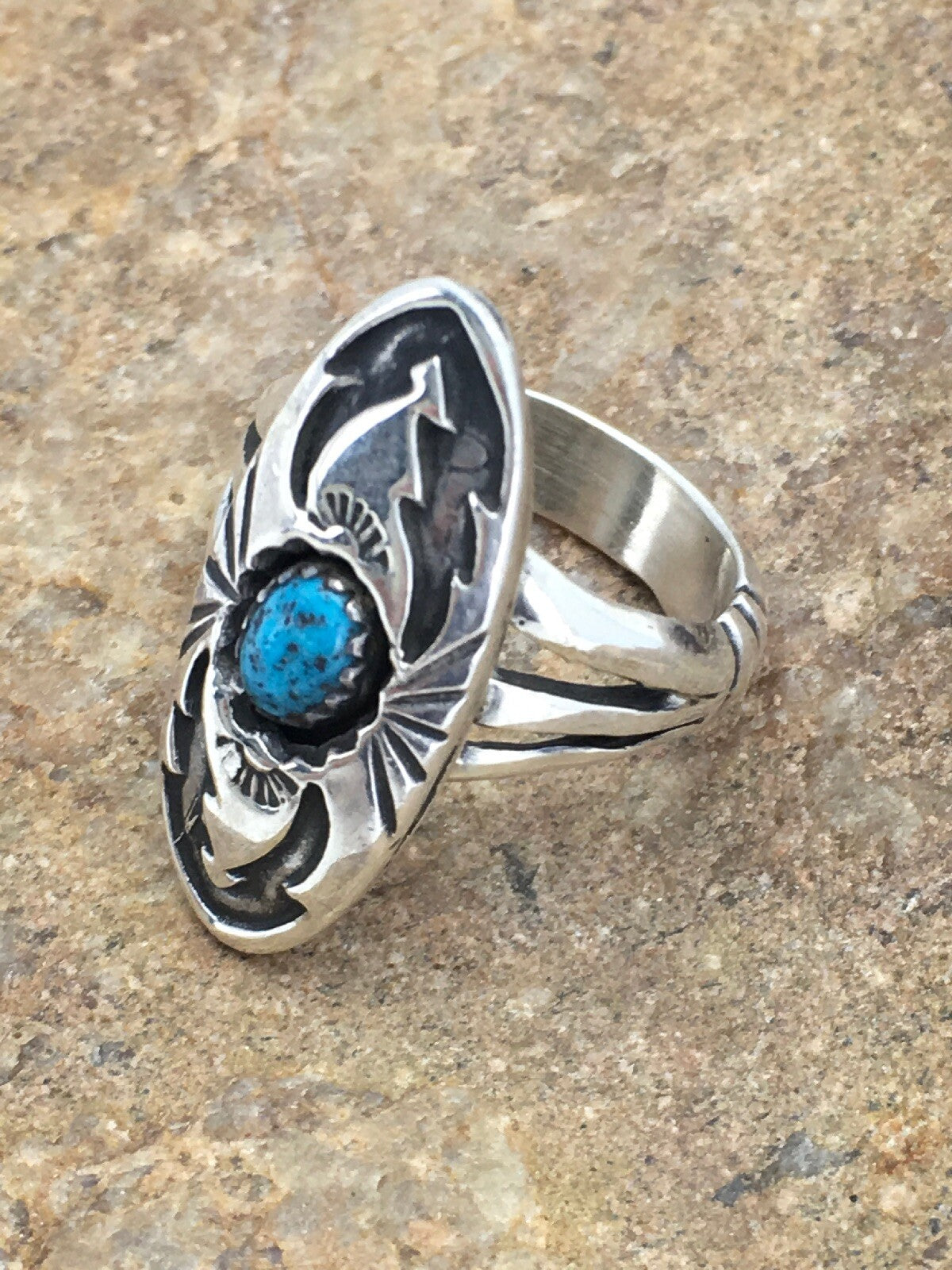 Old Pawn Shadow Box Navajo Sterling Kingman Turquoise Ring Set5.75 2625