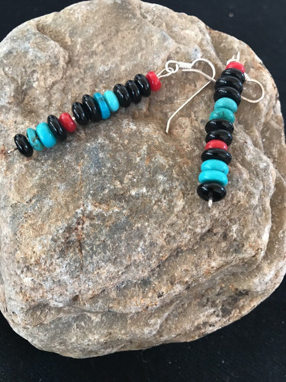Navajo Sterling Silver Turquoise Black Onyx Coral Earrings 08334