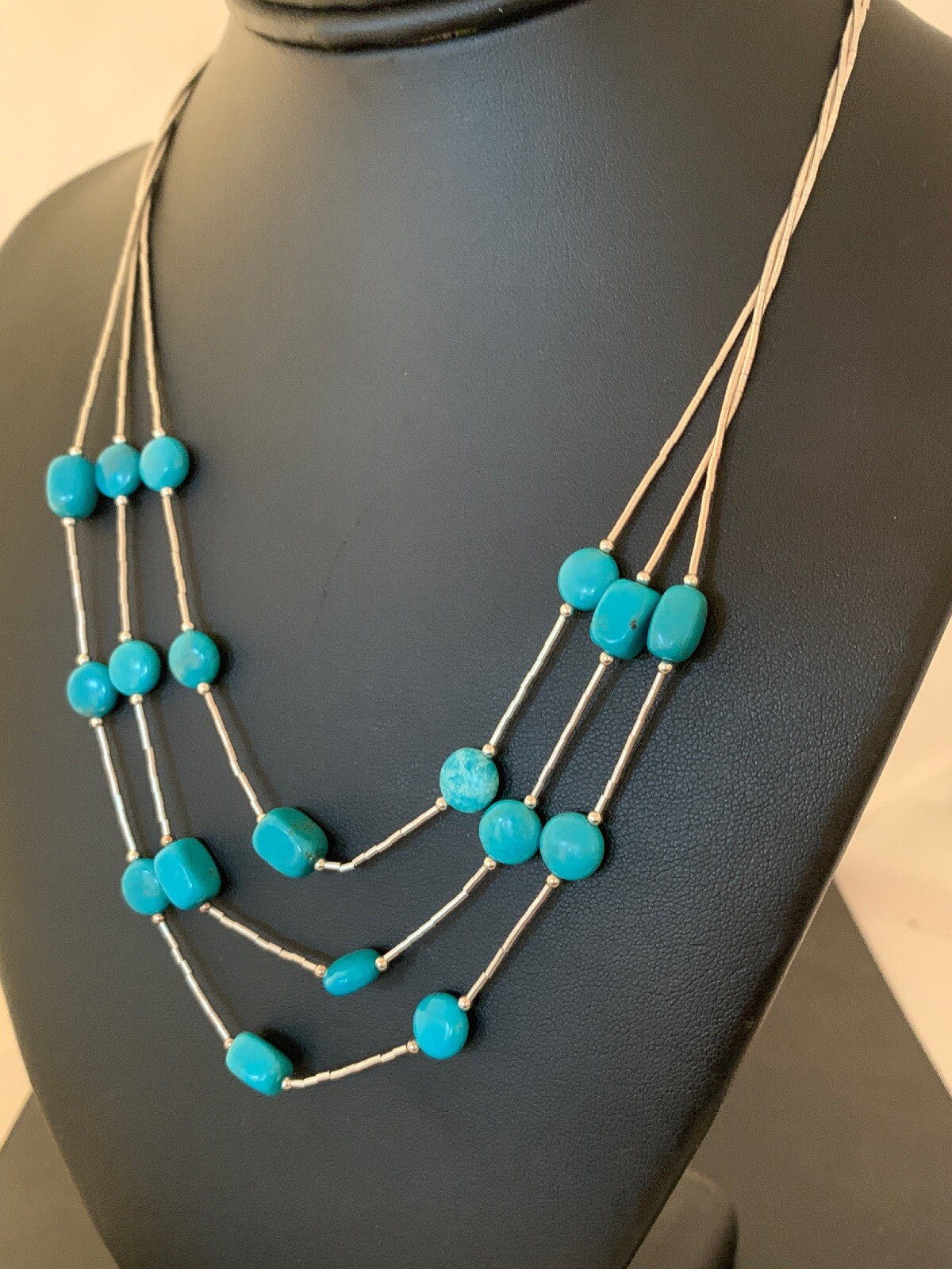 Liquid Silver Heishi 3S Sterling Silver Tube Necklace Nugget Turquoise 03695