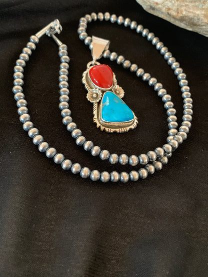Kingman Turquoise & Coral Pendant Navajo Sterling Silver Necklace 02534