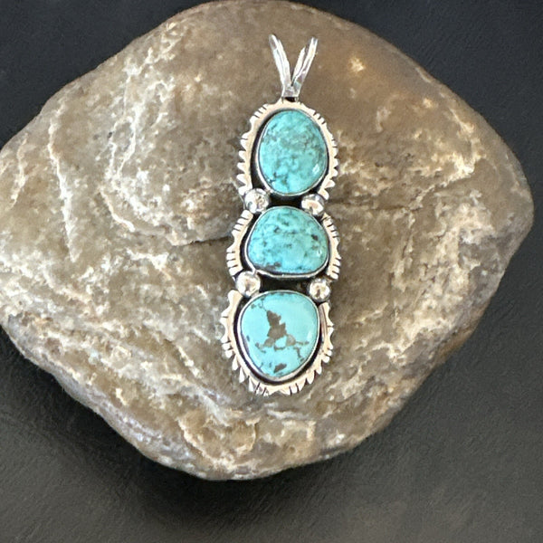Blue Turquoise 3 Stone Navajo Cluster Pendant Only | Sterling Silver | Authentic Native American Handmade | 18309