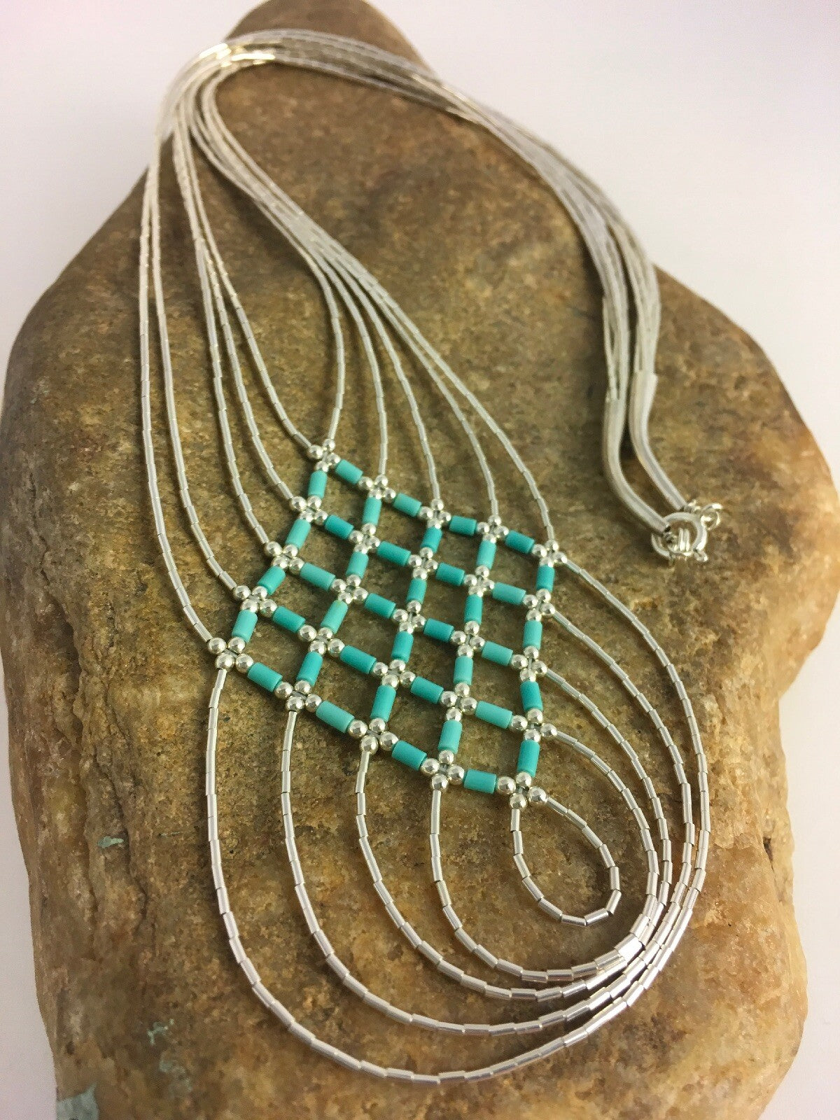 Turquoise Heishi Tubes Pendant 5 Strands Liquid Sterling Silver Necklace 0888