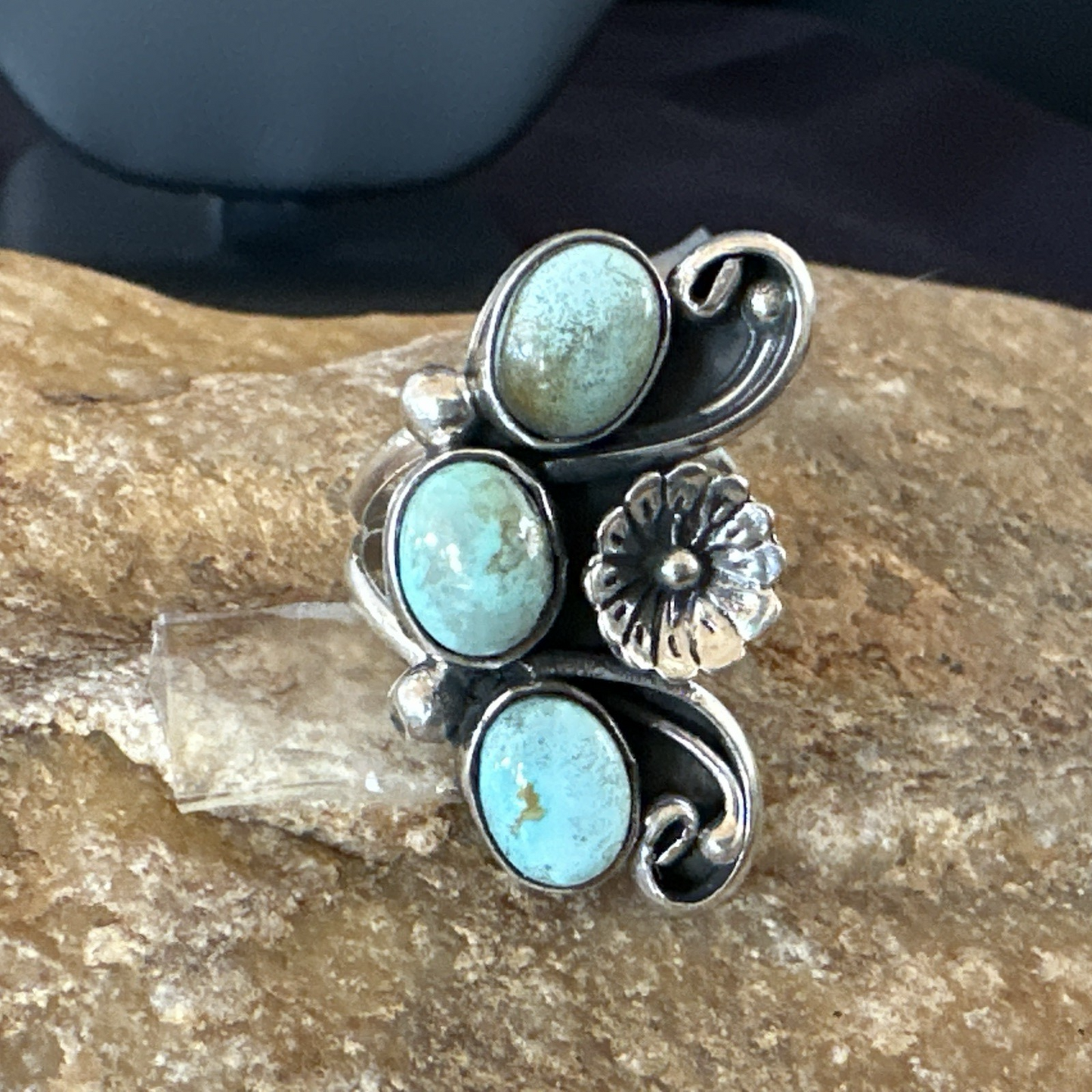Yazzie Ring Green Turquoise Navajo Sterling Silver Cluster Size 8.5 19213