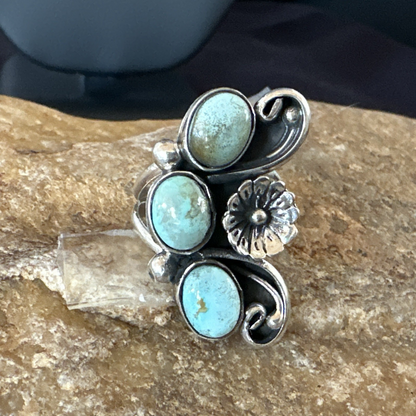 Yazzie Ring Green Turquoise Navajo Sterling Silver Cluster Size 8.5 19213