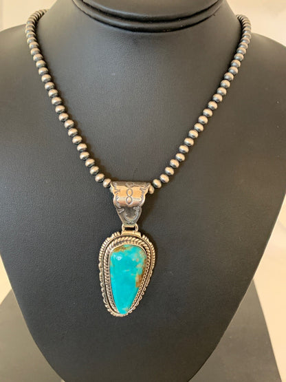 Navajo American Sterling Silver Kingman Turquoise Necklace Pendant Set 02992
