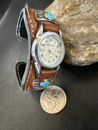 Womens Blue Turquoise Navajo Sterling Silver Cuff Watch Leather Bracelet 17736