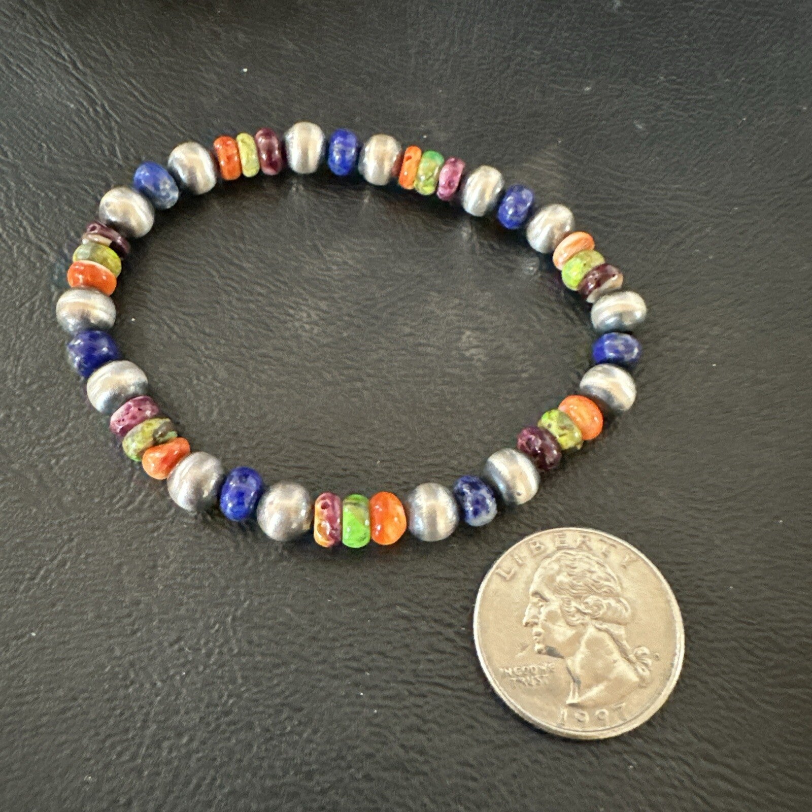 Multicolor Lapis Turquoise Stretch Bead Bracelet Navajo Sterling Silver 17907