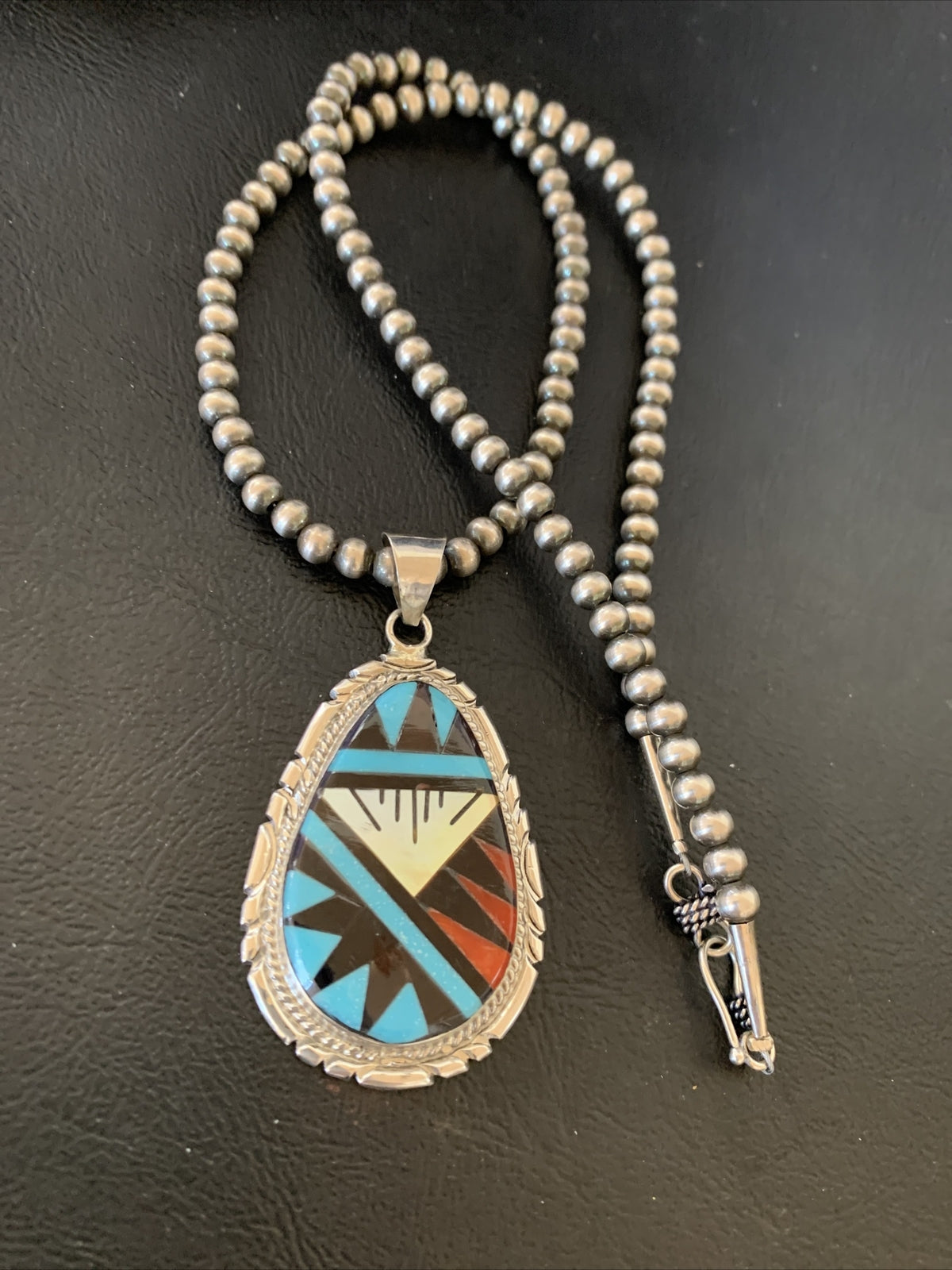 Turquoise Mother Of Pearl Coral Onyx Pendant Zuni Sterling Silver Necklace 12260