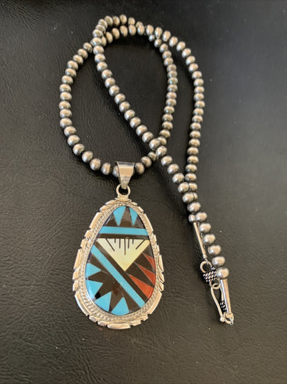Turquoise Mother Of Pearl Coral Onyx Pendant Zuni Sterling Silver Necklace 12260