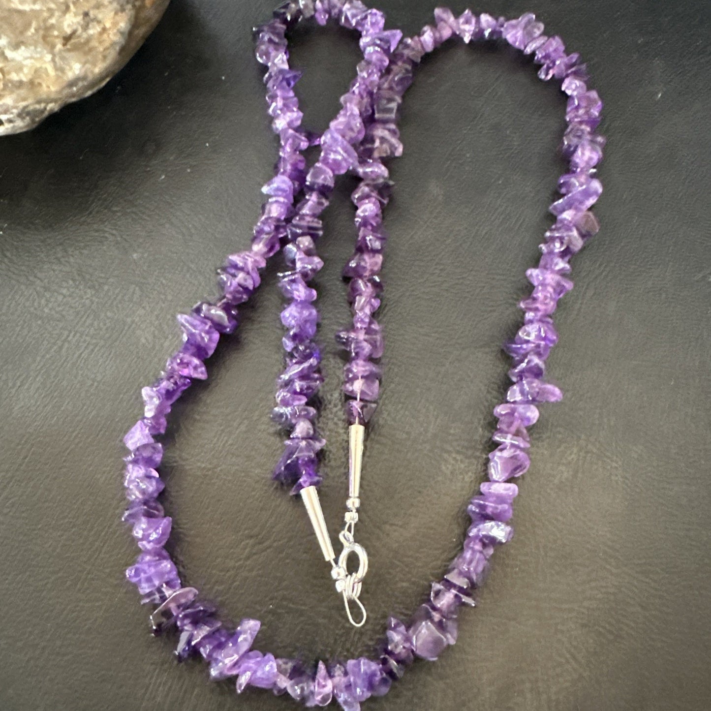 Purple Amethyst Southwestern Nugget Bead Sterling Silver Necklace 27” 19017