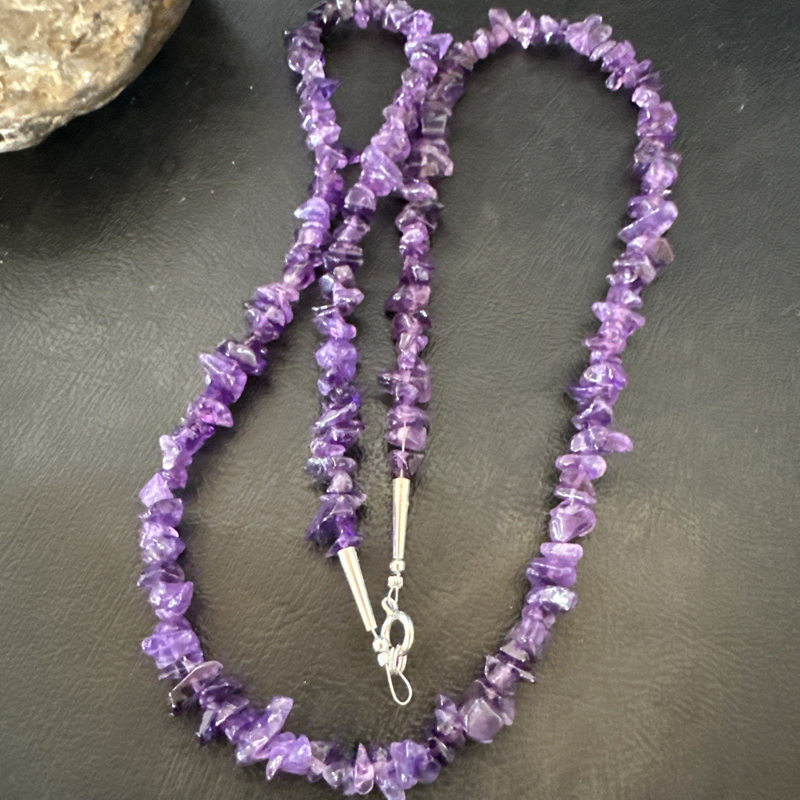 Purple Amethyst Southwestern Nugget Bead Sterling Silver Necklace 27” 19017